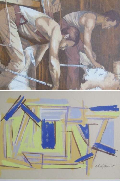 Lot of 2 original Paintings; Mark Dixon gouache on paper abstract and Sheapshearers watercolour