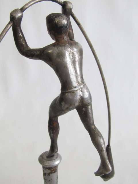 Rare large vintage metal "Balancing Man" statue on Plinth with Ashtray Base, 36cm high