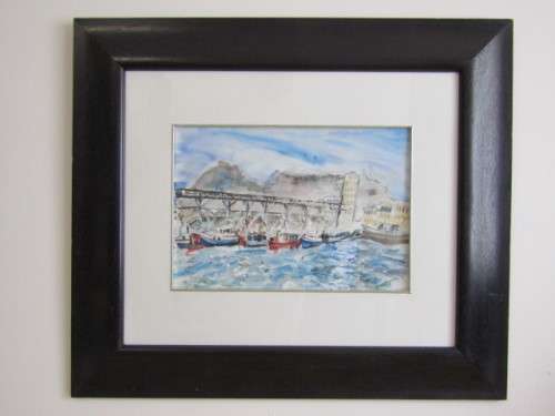 Original Susan Reyneke watercolour on paper Painting with frame and glass, Cape waterfront, 41x29cm