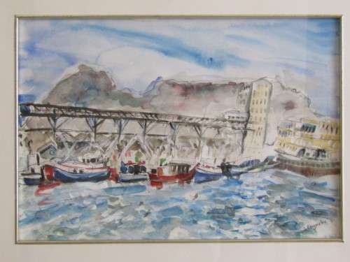 Original Susan Reyneke watercolour on paper Painting with frame and glass, Cape waterfront, 41x29cm