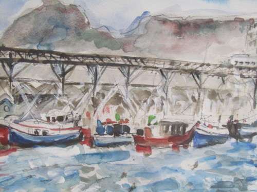 Original Susan Reyneke watercolour on paper Painting with frame and glass, Cape waterfront, 41x29cm