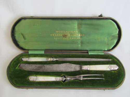 Antique Wostenholms Celebrated Carvers Set in original Case, solid silver and MOP handles