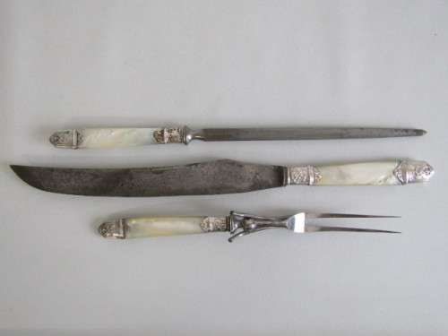 Antique Wostenholms Celebrated Carvers Set in original Case, solid silver and MOP handles