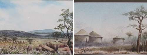 Lot of 2 original Nevah Nxumalo (SA 20th) Landscape watercolour Paintings, Framed and glass