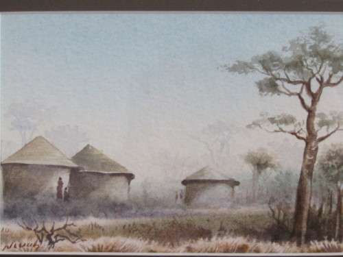 Lot of 2 original Nevah Nxumalo (SA 20th) Landscape watercolour Paintings, Framed and glass