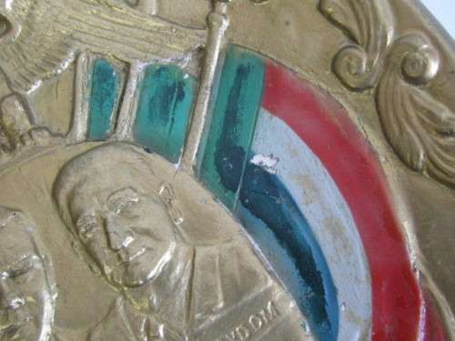 Vintage Gilt and Painted Plaque depicting HF Verwoerd, JG Strydom and SJP Kruger with Eagle Crest