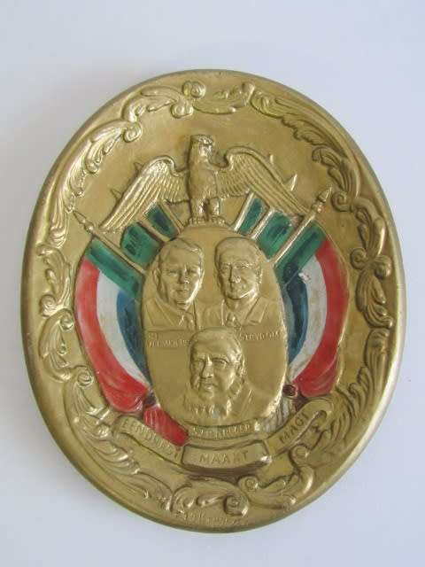 Vintage Gilt and Painted Plaque depicting HF Verwoerd, JG Strydom and SJP Kruger with Eagle Crest