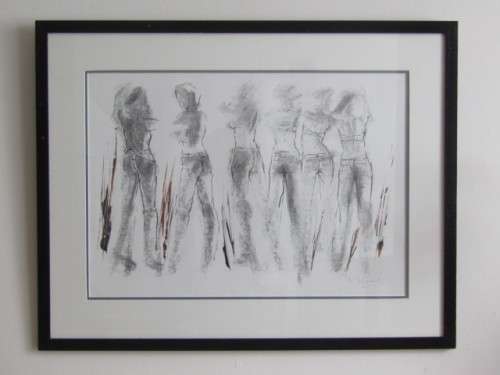 Original L.L Grant mixed media on Paper framed Painting "Figures from behind", Glass, 56cm x 39cm
