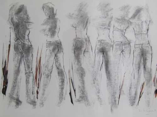 Original L.L Grant mixed media on Paper framed Painting "Figures from behind", Glass, 56cm x 39cm