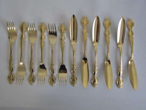 Set of 24ct Gold Plated stainless steel Fish Knives and Forks, Korea, 12 piece, serves 6, 20cm