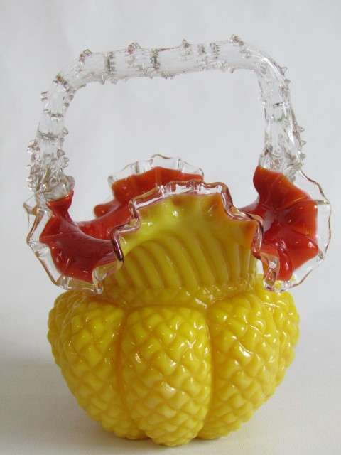 Antique 1800's Victorian yellow and red art glass Thorn Handle Basket, 19cm, very rare item