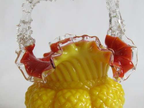 Antique 1800's Victorian yellow and red art glass Thorn Handle Basket, 19cm, very rare item