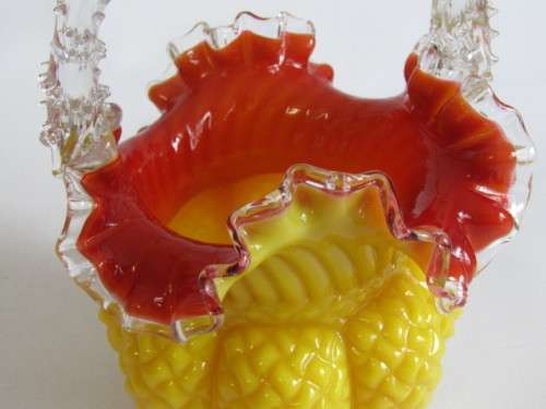 Antique 1800's Victorian yellow and red art glass Thorn Handle Basket, 19cm, very rare item