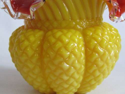 Antique 1800's Victorian yellow and red art glass Thorn Handle Basket, 19cm, very rare item