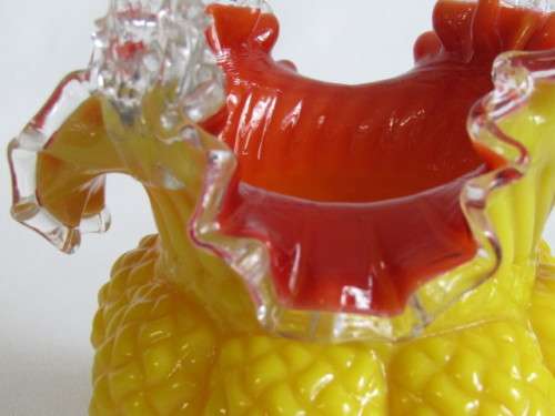 Antique 1800's Victorian yellow and red art glass Thorn Handle Basket, 19cm, very rare item