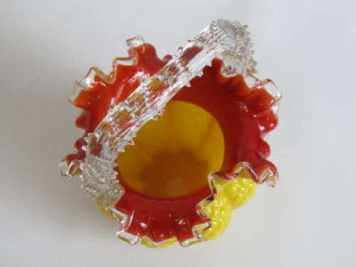 Antique 1800's Victorian yellow and red art glass Thorn Handle Basket, 19cm, very rare item