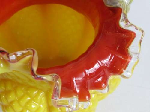 Antique 1800's Victorian yellow and red art glass Thorn Handle Basket, 19cm, very rare item