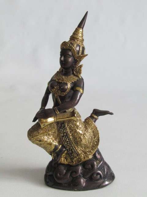 Vintage cold painted solid Bronze statue of a Dancing Thai Princess with a Drum, 19cm