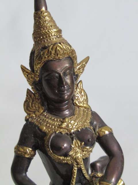 Vintage cold painted solid Bronze statue of a Dancing Thai Princess with a Drum, 19cm