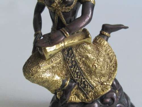 Vintage cold painted solid Bronze statue of a Dancing Thai Princess with a Drum, 19cm