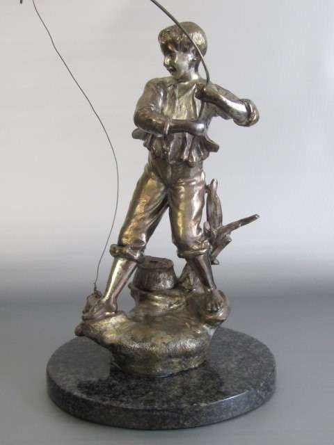 Large and heavy vintage Metal Sculpture of a Boy Fishing, Marble Base, excellent condition, 34cm