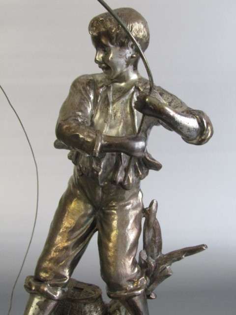 Large and heavy vintage Metal Sculpture of a Boy Fishing, Marble Base, excellent condition, 34cm
