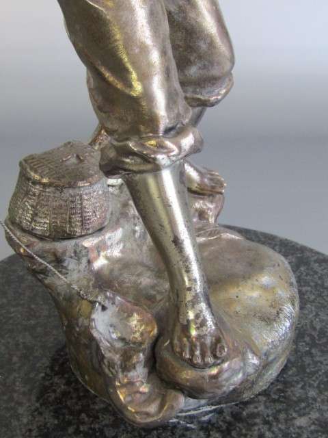 Large and heavy vintage Metal Sculpture of a Boy Fishing, Marble Base, excellent condition, 34cm