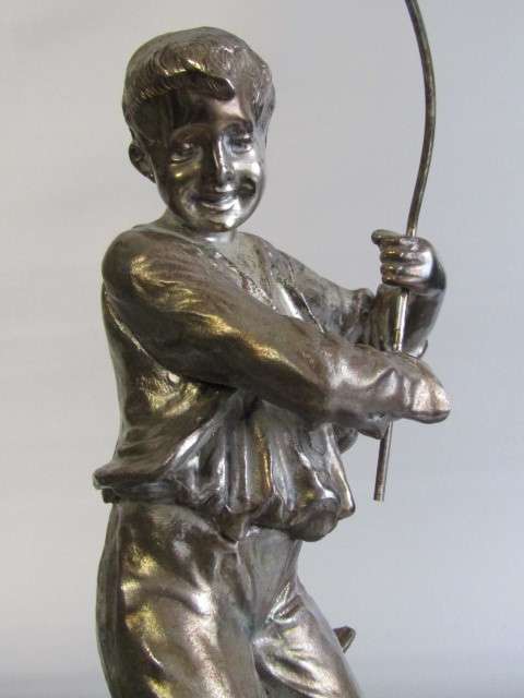 Large and heavy vintage Metal Sculpture of a Boy Fishing, Marble Base, excellent condition, 34cm