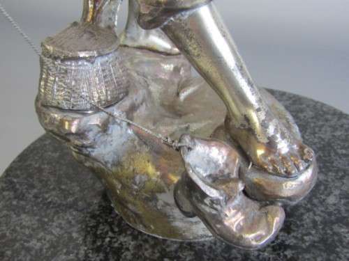 Large and heavy vintage Metal Sculpture of a Boy Fishing, Marble Base, excellent condition, 34cm