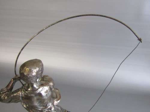 Large and heavy vintage Metal Sculpture of a Boy Fishing, Marble Base, excellent condition, 34cm