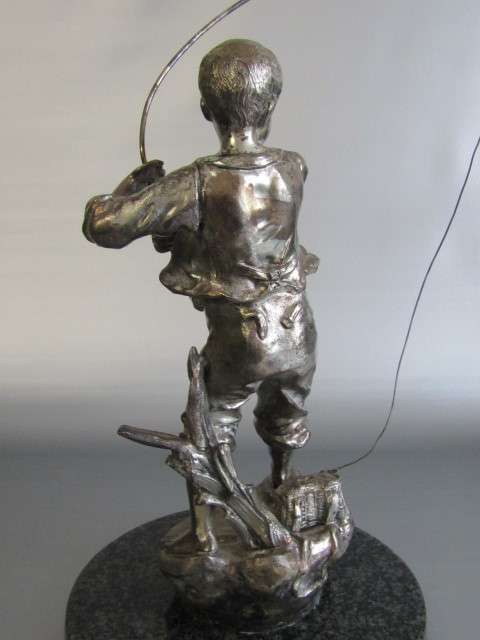 Large and heavy vintage Metal Sculpture of a Boy Fishing, Marble Base, excellent condition, 34cm