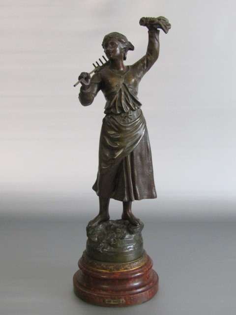 Large vintage French Spelter Statue of a Farm Girl with a Rake, Signed, wooden base, excellent, 46cm