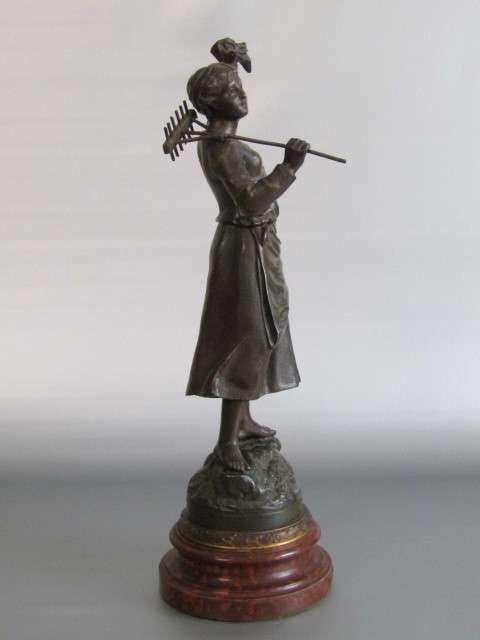 Large vintage French Spelter Statue of a Farm Girl with a Rake, Signed, wooden base, excellent, 46cm