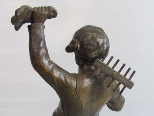 Large vintage French Spelter Statue of a Farm Girl with a Rake, Signed, wooden base, excellent, 46cm