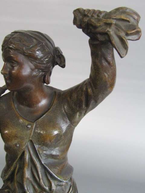 Large vintage French Spelter Statue of a Farm Girl with a Rake, Signed, wooden base, excellent, 46cm