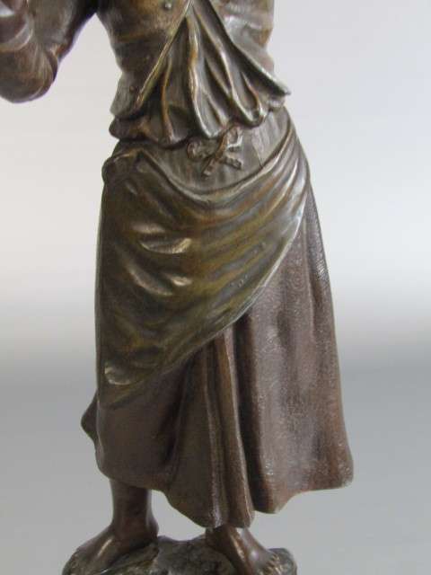 Large vintage French Spelter Statue of a Farm Girl with a Rake, Signed, wooden base, excellent, 46cm