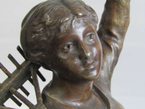 Large vintage French Spelter Statue of a Farm Girl with a Rake, Signed, wooden base, excellent, 46cm