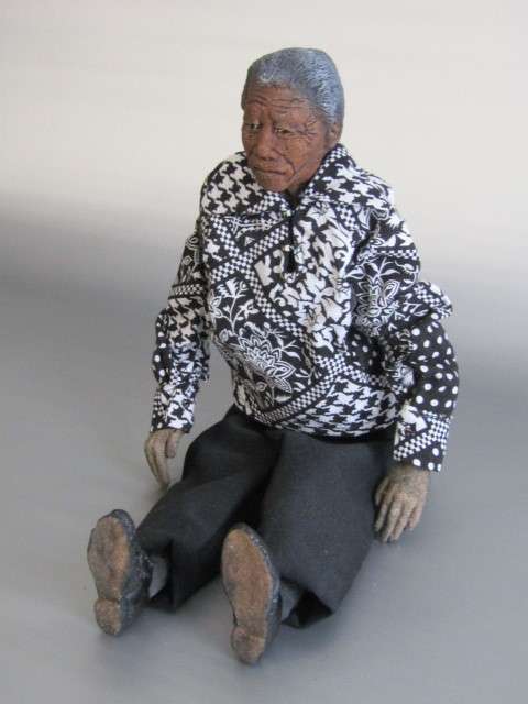Rare hand made Nelson Mandela Doll with Clay Head, Hands and Feet, filled Suede  Body, Stamped,41cm
