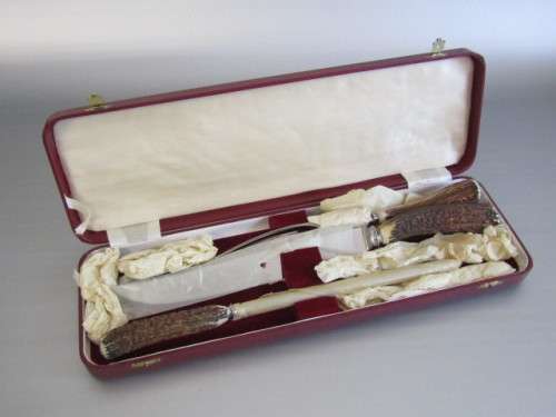 Horn Handle SS Carving Set in Leather Clad Case, Taylor's Eye Witness, Sheffield England, unused