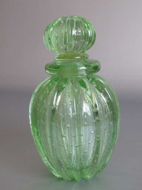 Vintage original 3 piece Murano Green art Glass Dressing Table set with bubble inclusions, 15cm