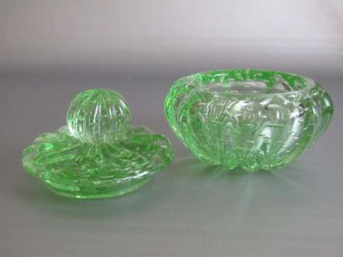 Vintage original 3 piece Murano Green art Glass Dressing Table set with bubble inclusions, 15cm