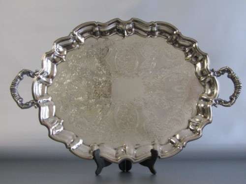 Large vintage silverplated Tray on Ball Feet, excellent condition, 46cm x 37cm excluding handles