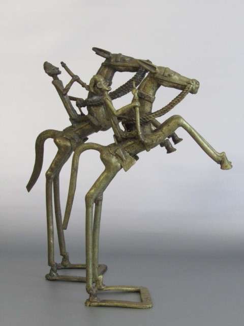 Pair of large hand made solid brass statues "Men on Horseback", excellent condition, 31cm tall