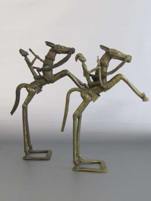 Pair of large hand made solid brass statues "Men on Horseback", excellent condition, 31cm tall