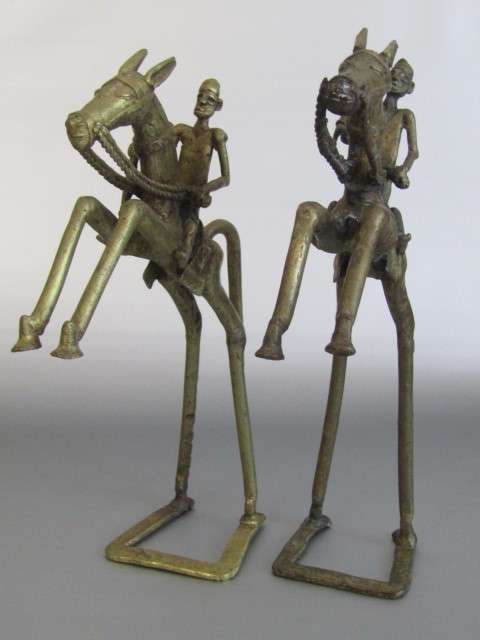 Pair of large hand made solid brass statues "Men on Horseback", excellent condition, 31cm tall