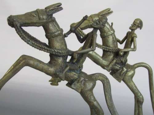Pair of large hand made solid brass statues "Men on Horseback", excellent condition, 31cm tall