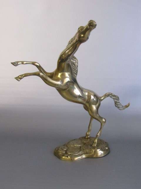 Large vintage solid Brass Ornament of a Rearing Horse in excellent condition, 37cm high