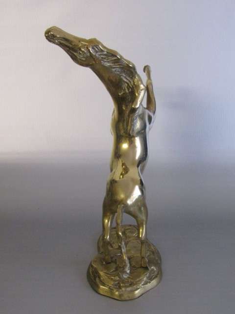 Large vintage solid Brass Ornament of a Rearing Horse in excellent condition, 37cm high