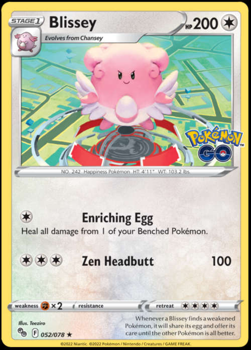 Pokemon Trading Cards - TCG - Blissey - 052/078 - Holo Rare - Pokemon Go - NM