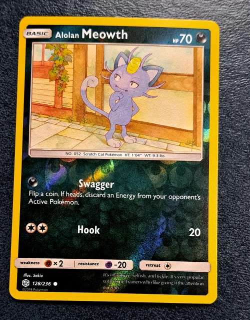 Pokemon Trading Cards - Alolan Meowth - 128/236 - Reverse Holo - Cosmic Eclipse NM